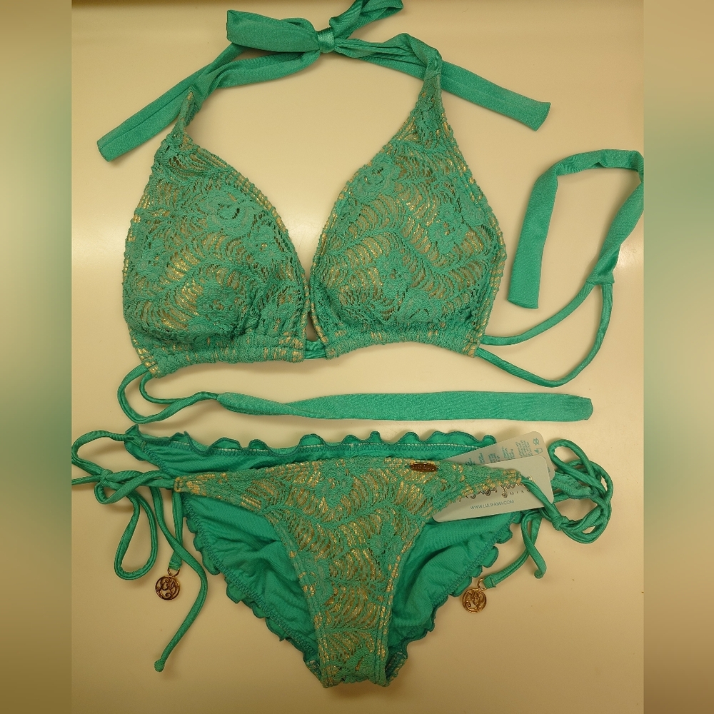 Flaw NWT Gold & Green LULI FAMA Crochet Halter Top DD Tie-Side Bikini SwimSuit M - Picture 2 of 15